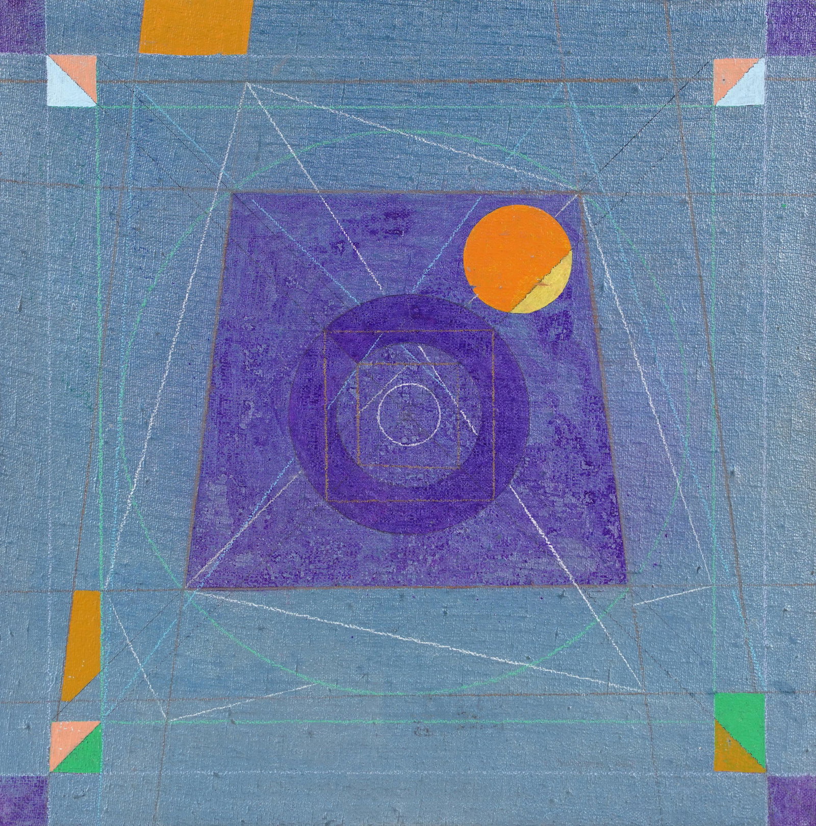 American School Modernist Geometric Abstract Rare Period Oil Painting: Antique American school geometric abstract oil painting. Oil on canvas, lain to board. Unsigned. Unframed. Image size, 17 x 17.