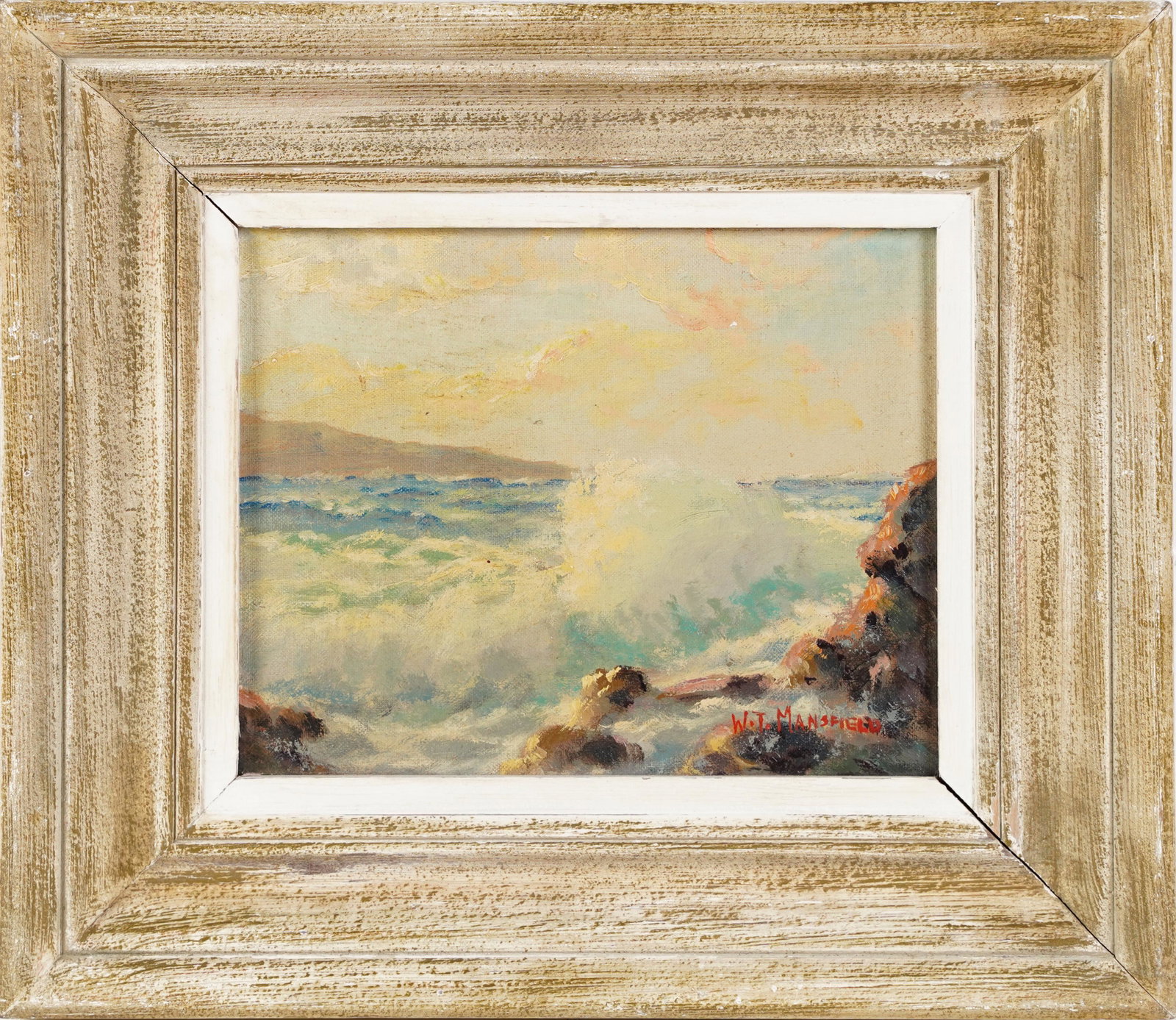 Warren Mansfield Signed California Coastal Seascape Framed Ocean Painting: Vintage American impressionist signed seascape painting by Warren T. Mansfield. Oil on board. Framed. Image size, 10L x 8H.