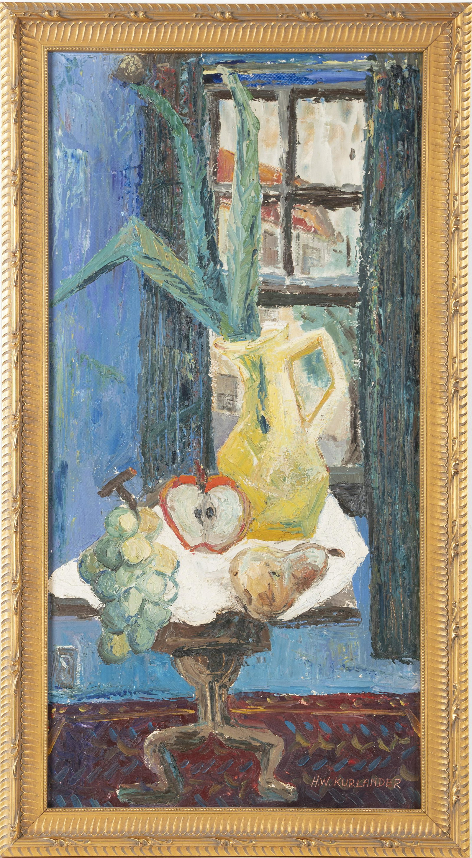 Signed American School Modernist Fruit Still Life Interior Oil Painting: Antique American school fruit still life. Nice view thru a window. Oil on board. Framed. Signed. Image size, 14.5L x 29.5H. ***Please note!! In house shipping prices are attached!! You are welcome to 