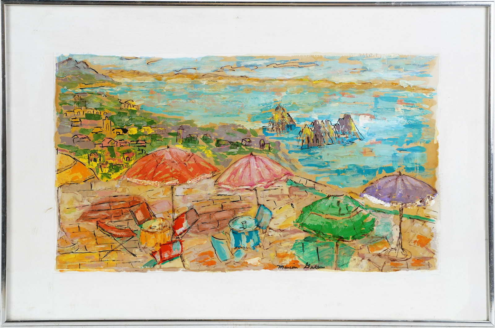 Signed American School Modernist Beach Scene Original Watercolor Painting: Watercolor on paper. Signed. Framed. Image size, 13.5H x 23.5L.
