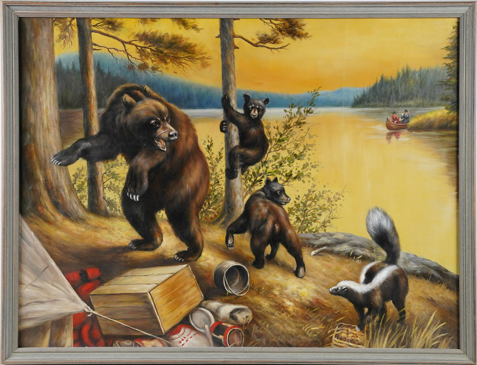 Vintage American School Bear Illustration Original Oil Painting: Very nicely painted American school illustration painting. Oil on canvas. Unsigned. Framed. Image size, 40L x 30H.