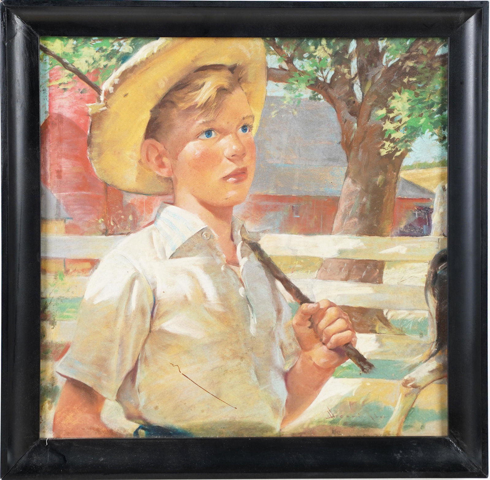 Antique American School Impressionist Farmer Portrait Original Oil Painting: Antique American impressionist farm portrait painting. Pastel and goauche on paper. Framed. Unsigned. Image size, 15L x 15H.