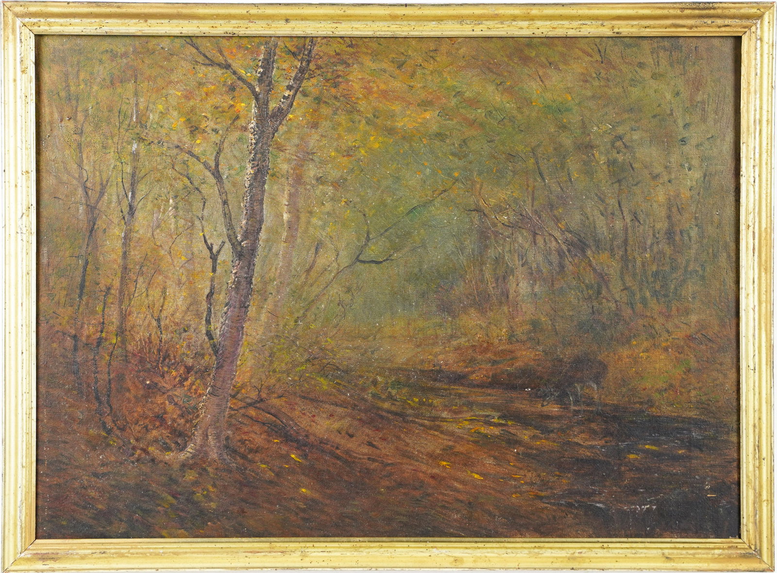Antique American School Deer Grazing Forest Interior Original Oil Painting: Oil on canvas. Unsigned. Framed. Image size, 22 x 16.