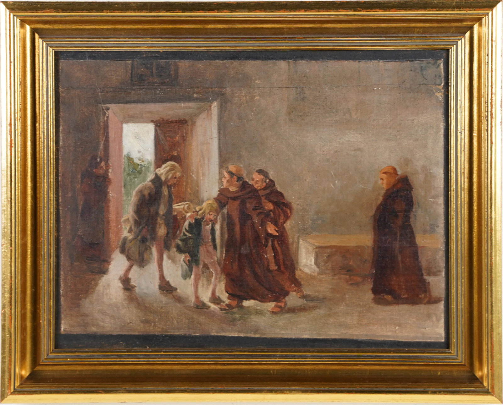 Mystery Historic Antique Oil Painting: An old master type, possible Spanish, scene of a man leading a boy into a castle or monastery. The man is holding rolled up documents or a map. Unsigned. Oil on canvas on board. 12 x 16 inches. Overal