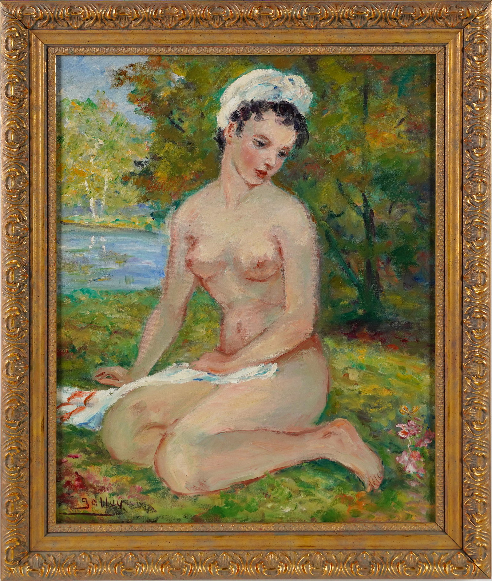Signed American School Impressionist Nude Bather Original Oil Painting: Nicely painted American school. Oil on canvas. Signed. Framed. Image size, 16L x 20H.