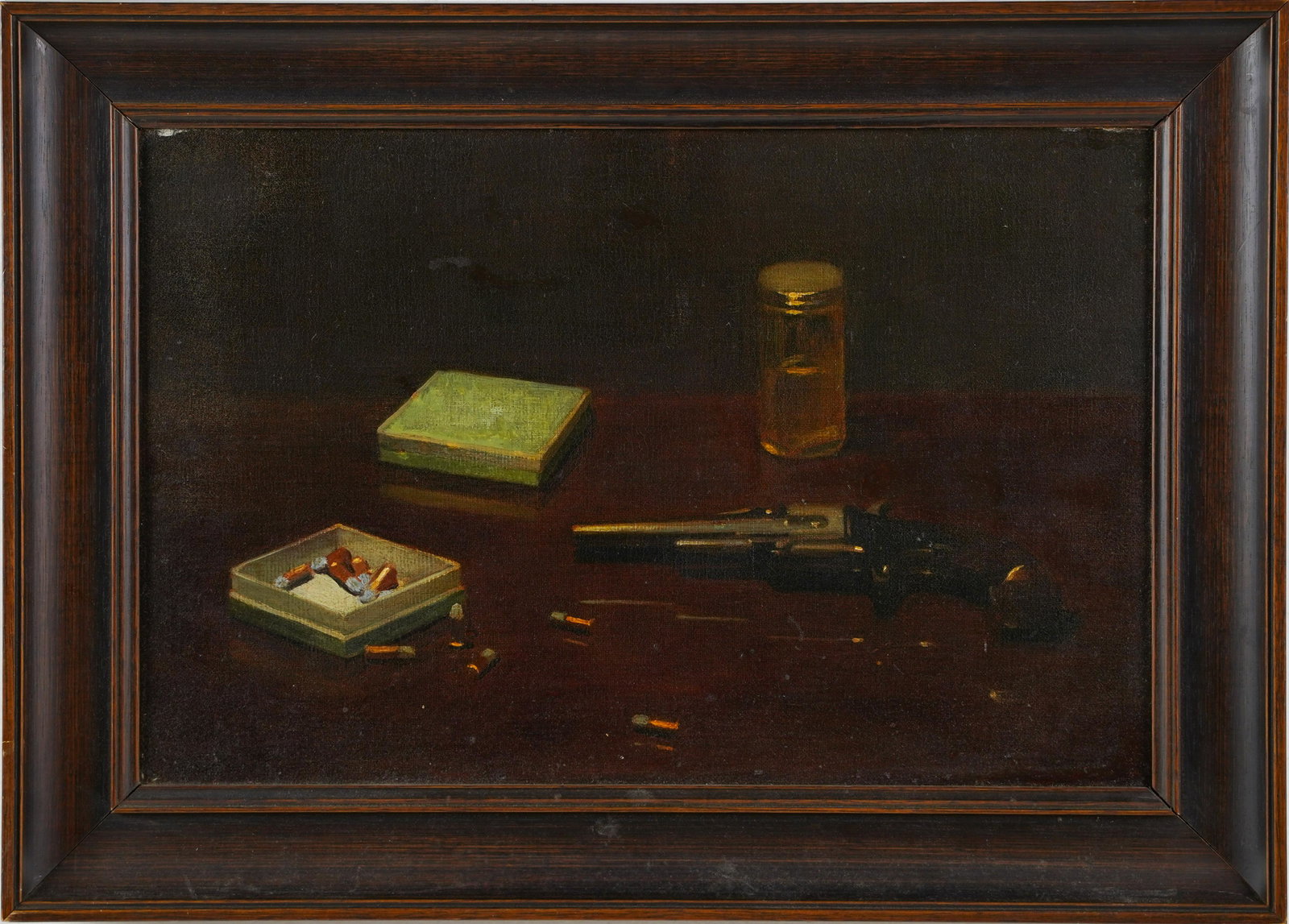 Antique American School Trompe L'Oeil Gun and Bullets Still Life Painting: Oil on canvas. Unsigned. Framed. Image size, 10H x 15L.