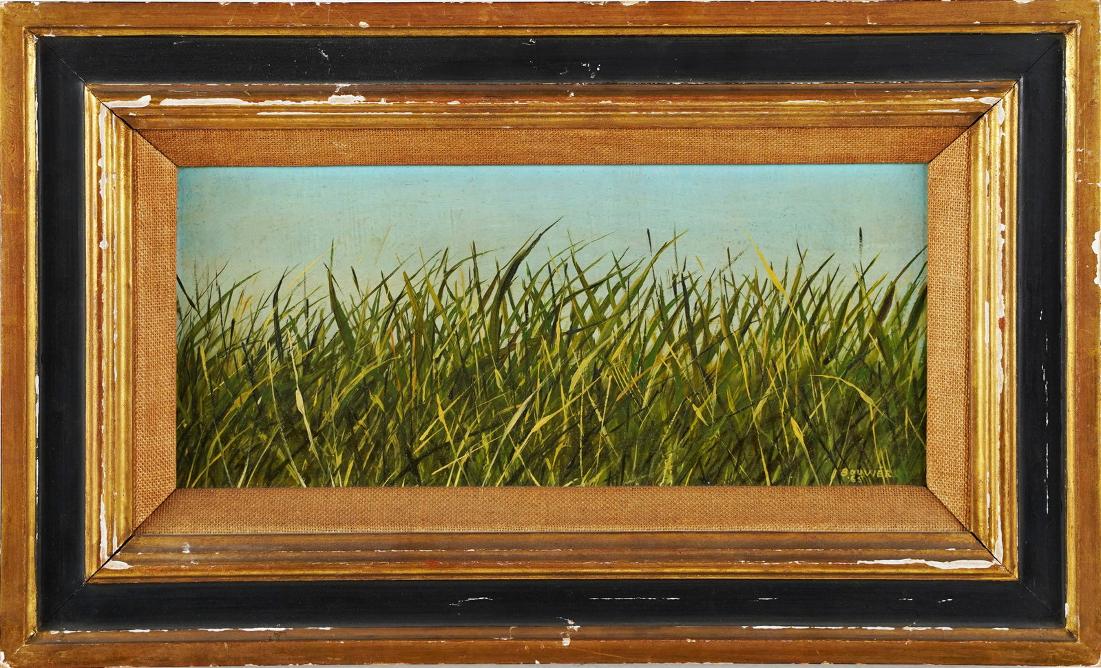 American School Modernist Grass Still Life Nature Study Oil Painting Signed.: Oil on board. Signed. Framed. Image size, 12L x 5H.