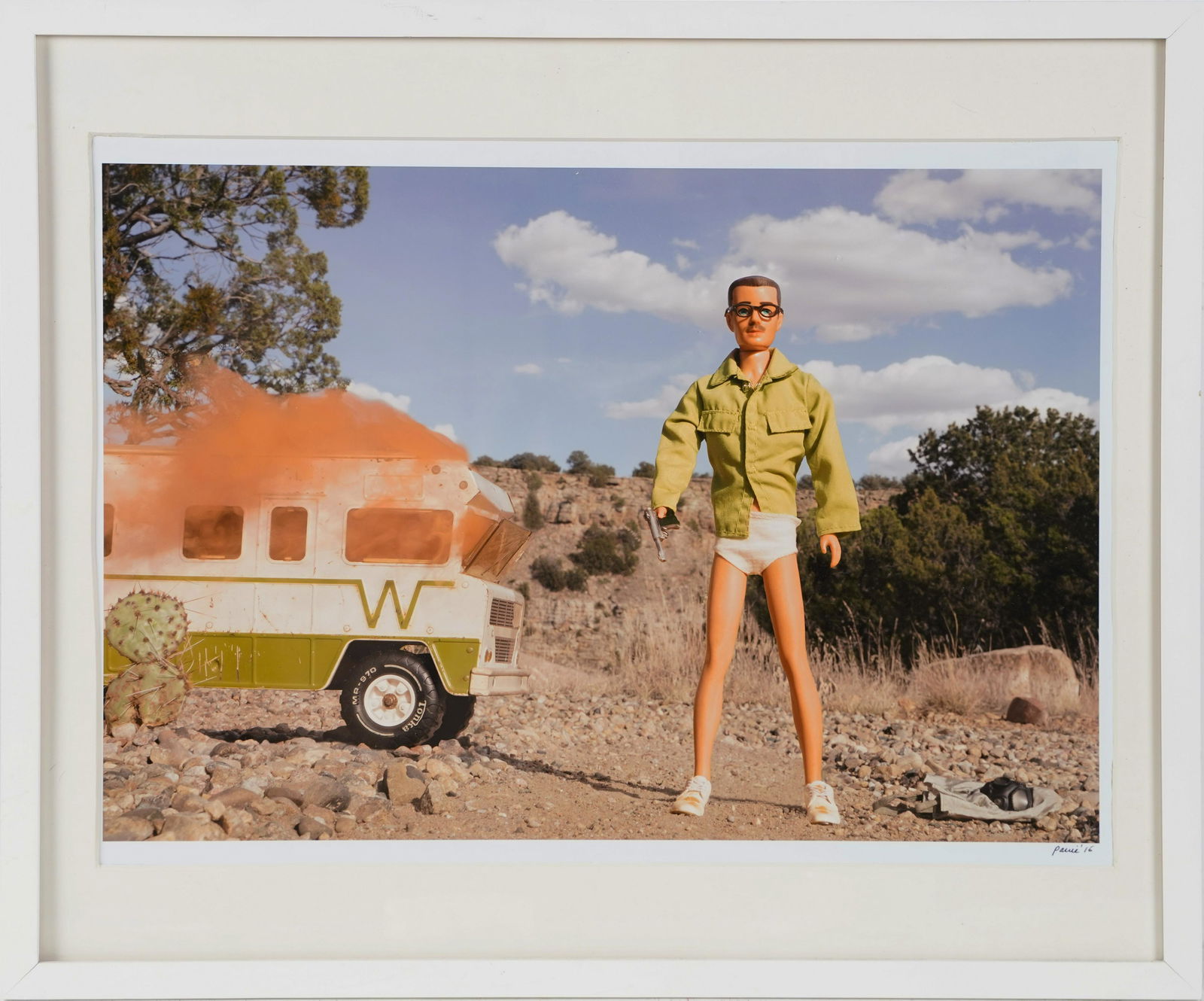 Contemporary Breaking Bad Barbie Doll Art Photo: A contemporary Art photo recreating a sceene From the famous tv show Breaking Bad using a barbie doll. Sight size 14 1/2 x 21 inches. Overall 21 x 25 inches.