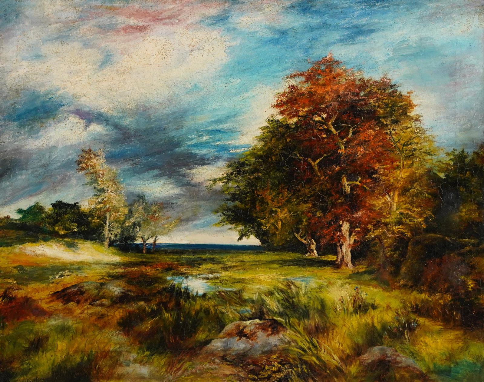 Antique American School Long Island Impressionist Sunset Fall Landscape Painting: Nicely painted. Overall size, 16 x 20. Image 14 x 18. Oil on canvas, unsigned. Framed.