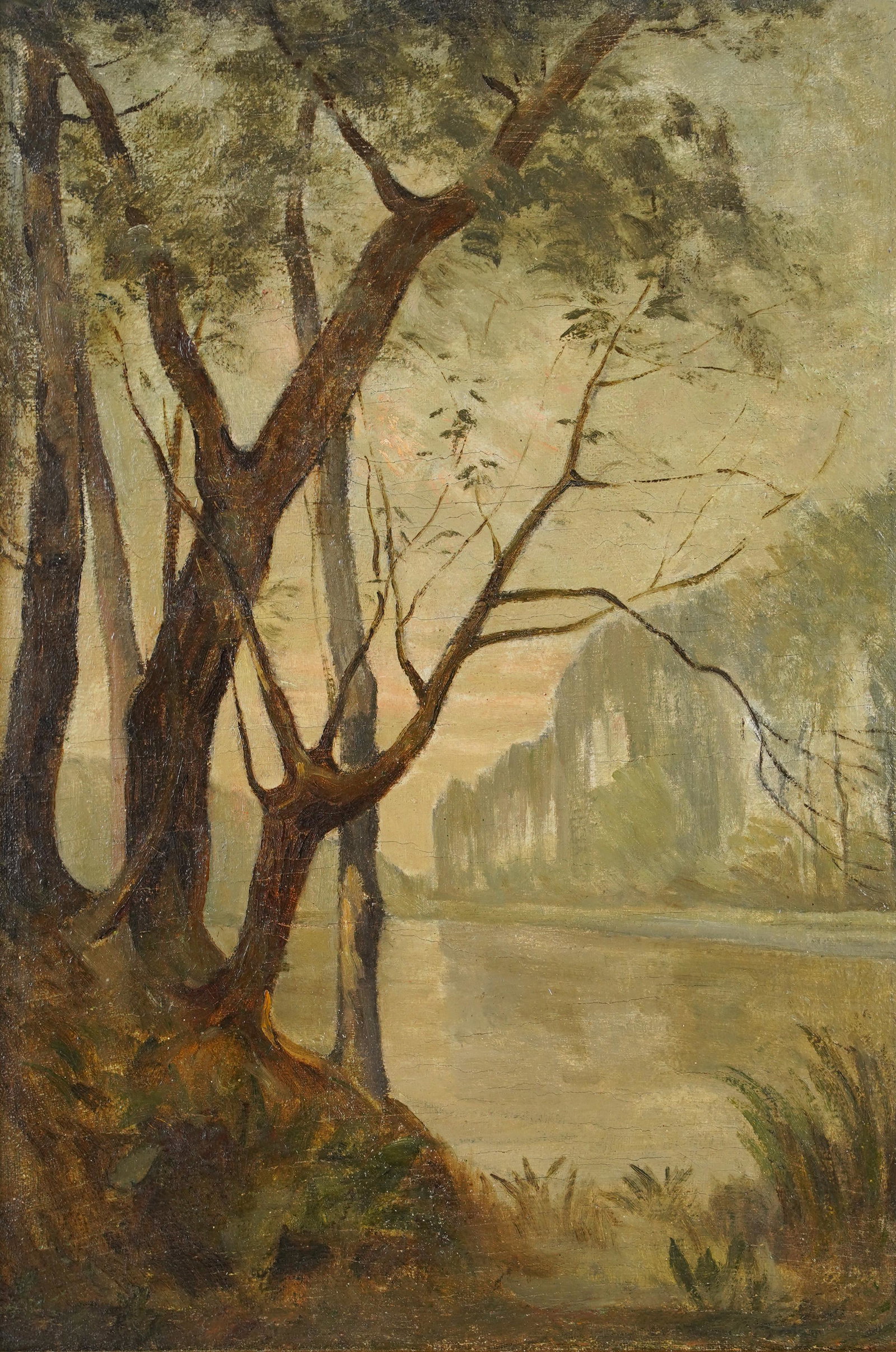 Antique French Impressionist Original Framed Antique Tonalist Landscape Painting: Oil on canvas. Unsigned. Framed. Image size, 15L x 21.75H.