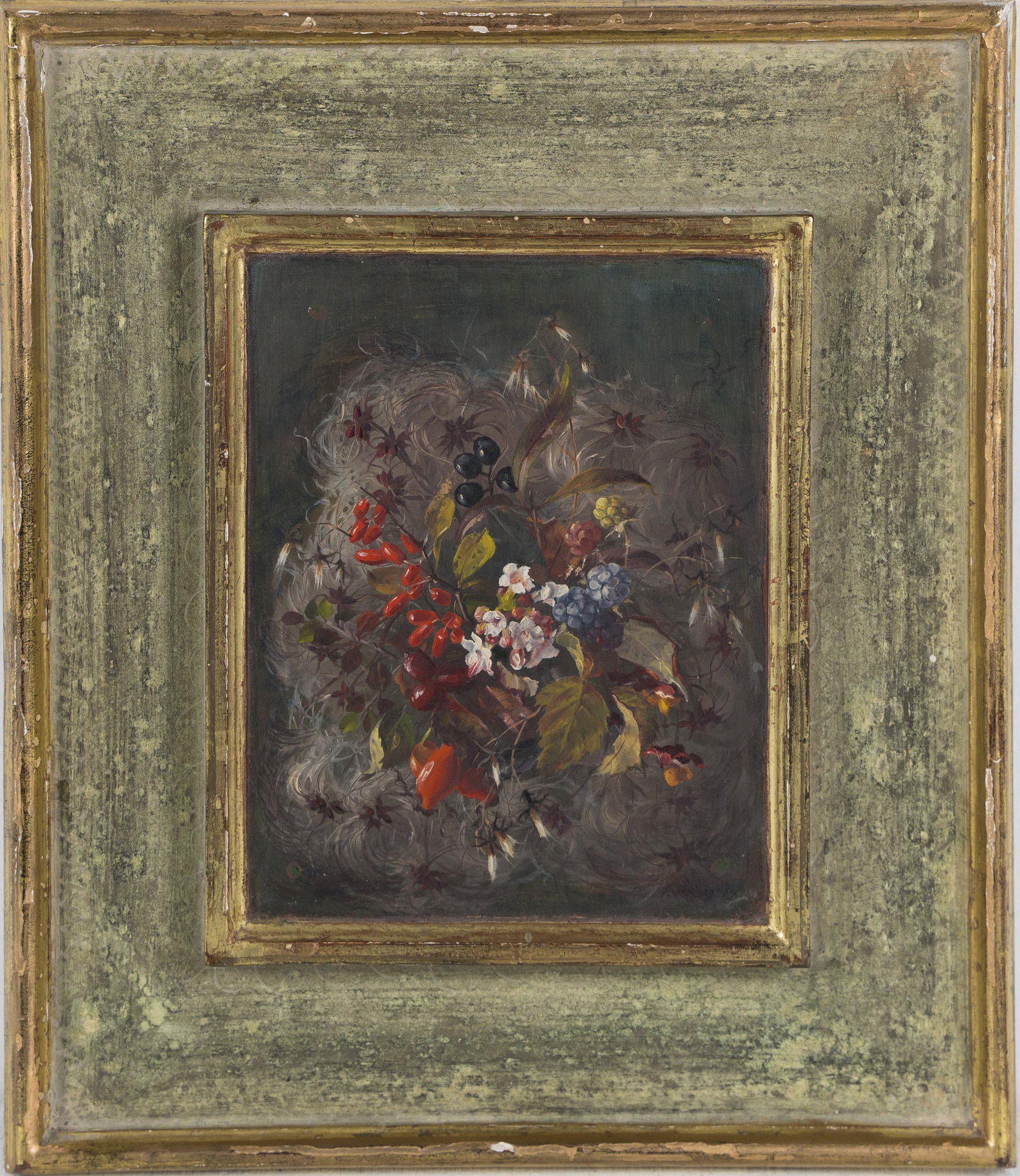 Exceptional Quality American School Regionalist Signed Still Life Oil Painting: Oil on board. Signed. Framed. Image size, 7L x 5.5H.