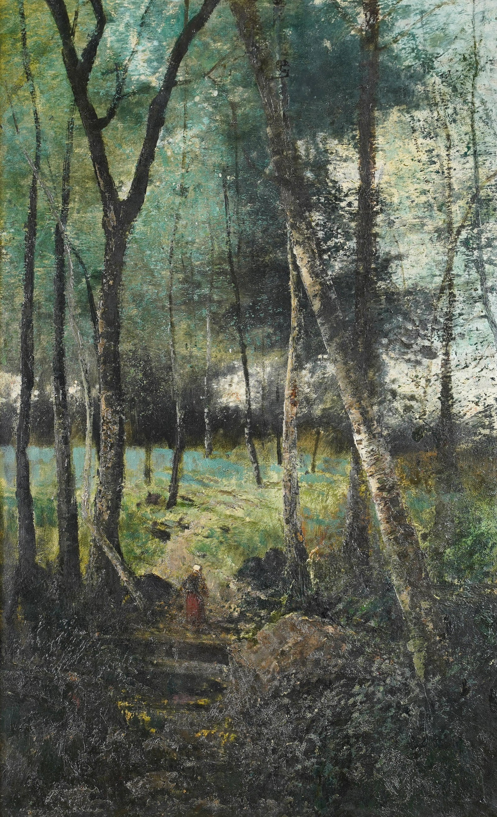 Antique French Impressionist Landscape Forest Interior Barbizon Flower Oil Painting: Oil on canvas. unsigned. Framed. Image size, 25 1/2H x 16L