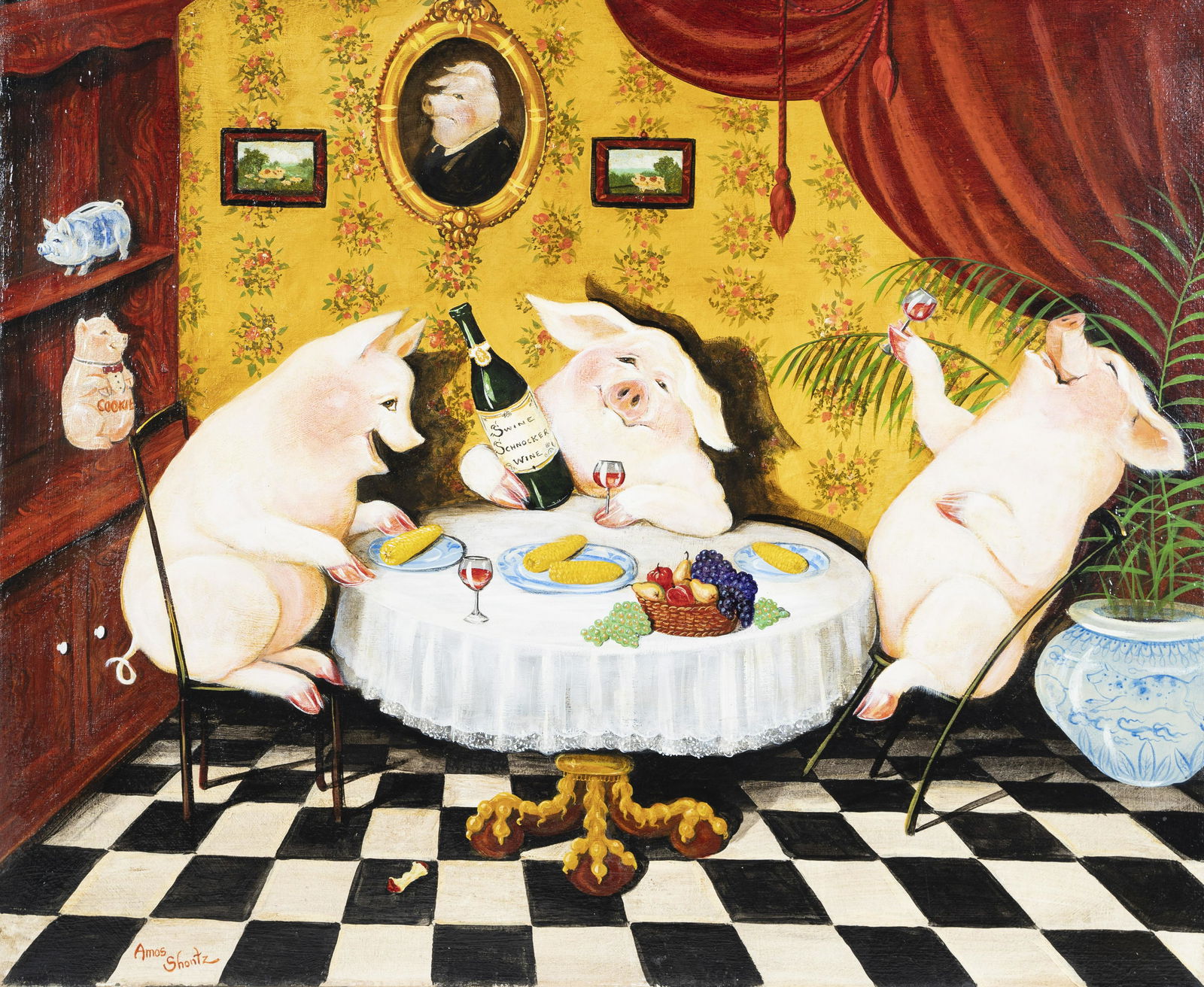 Antique Amazing Drunk Pig Satire Signed Original Large Oil Painting (1 of 6)