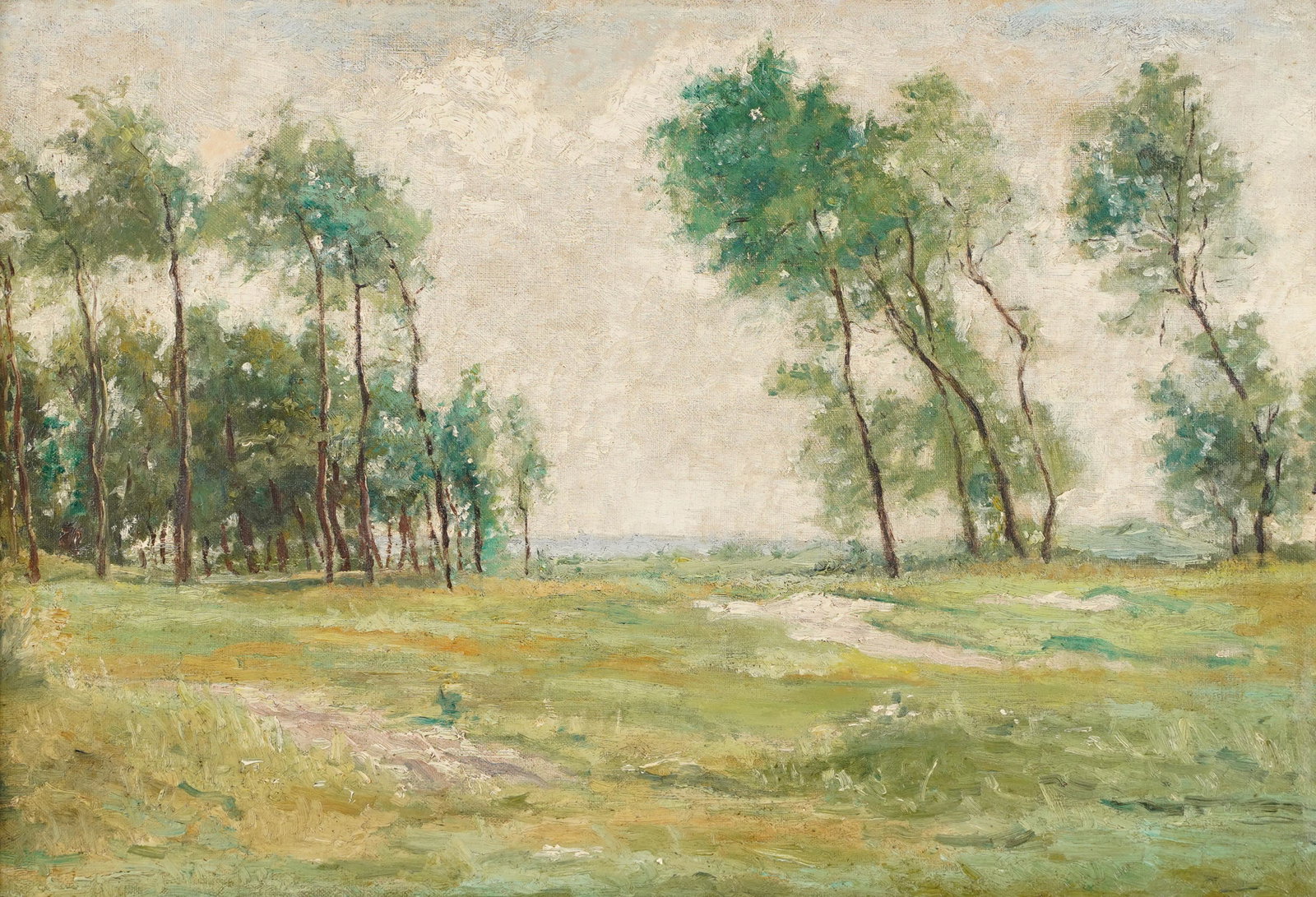 Antique French Impressionist Seaside Landscape Tall Tree Framed Oil Painting: Oil on canvas. Signed. Framed. Image size, 15H x 21 1/2L