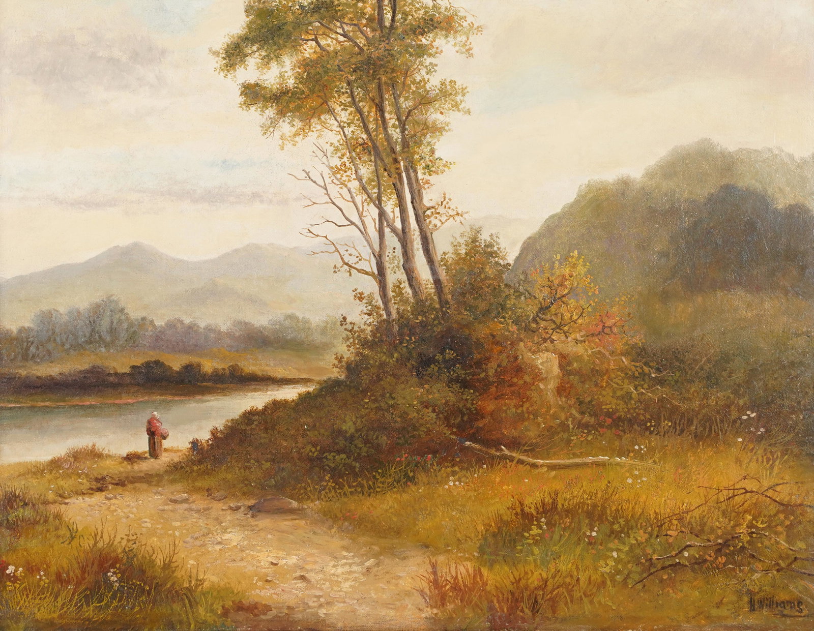 Antique Autumn Landscape English Signed H Williams Original Oil Painting: 19th century American or European school autumn landscape with figure beside a lake. Signed Lower right. Oil on canvas. 17 3/4 x 22 3/4 inches. Overall 22 x 26 inches.