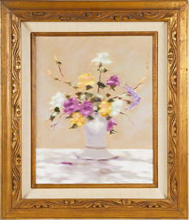 Anthony Michael Autorino Signed American Modernist Flower Still Life Oil Painting: Oil on canvas by Anthony Michael Autorino (1937 - 2015). Signed. Framed. Image size, 20H x 16L