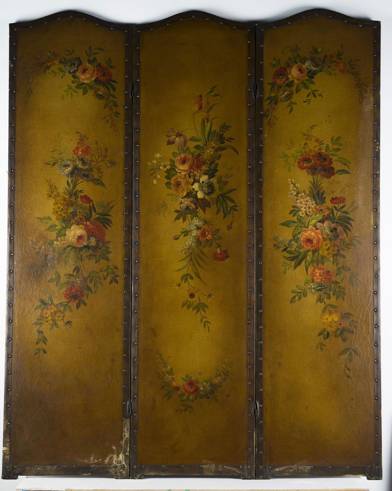 Antique Classical Flower Still Life Large Leather Screen Oil Painting (1 of 6)