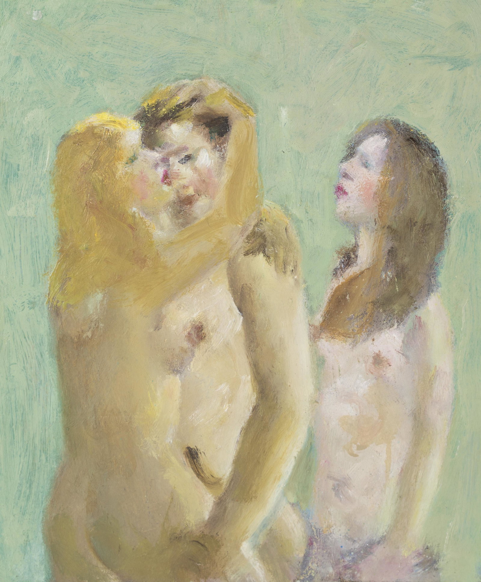 Modernist School Erotic Lovers Figurative Naked Painting: Painting of 3 intimate nude figure. Oil on masonite. 12 x 10 inches. Signed and inscribed illegibly verso.