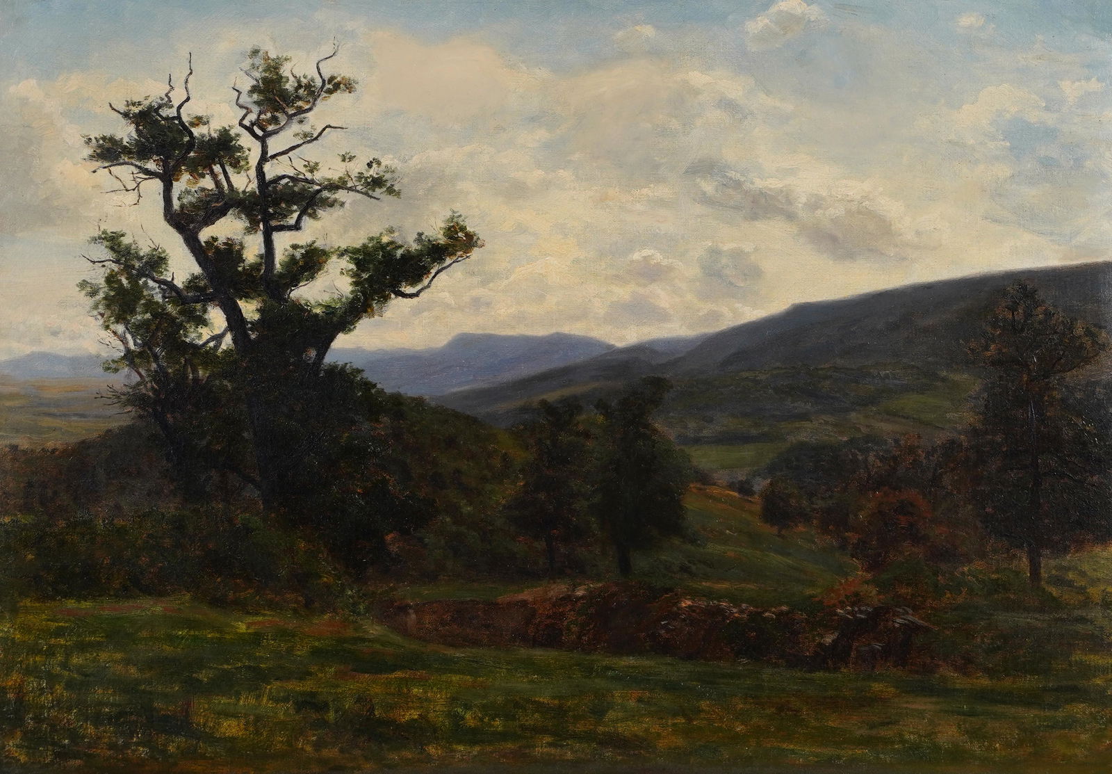 19th Century Hudson River School Mountain Landscape painting.: A view of distant mountains by an unknown American School landscape painter. Unsigned. Oil on canvas. 16 3/4 x 24 inches. Overall 21 x 27 inches.