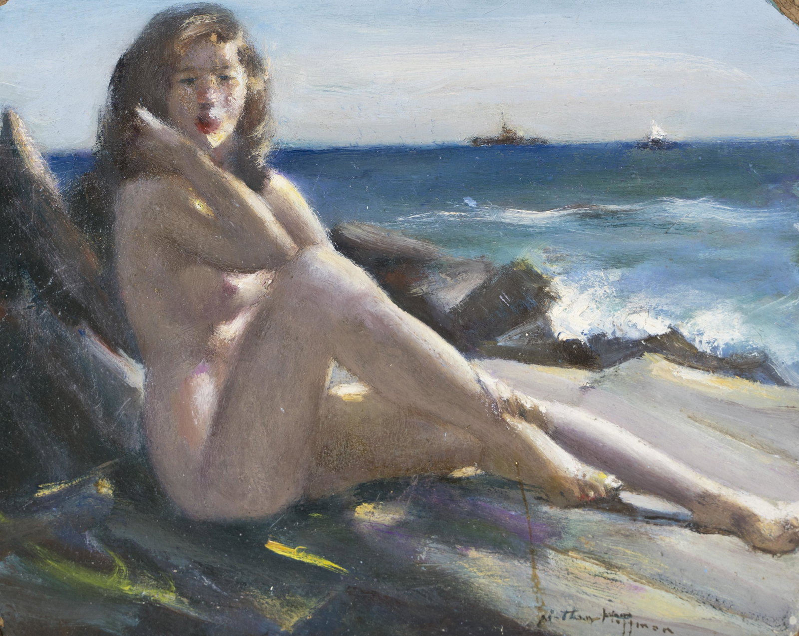 Antique American Impressionist Summer Beach Scene Nude Woman Bather Portrait: Oil on board. Signed on front and signed and dated on verso. Unframed. Image size, 11H x 13 1/2L