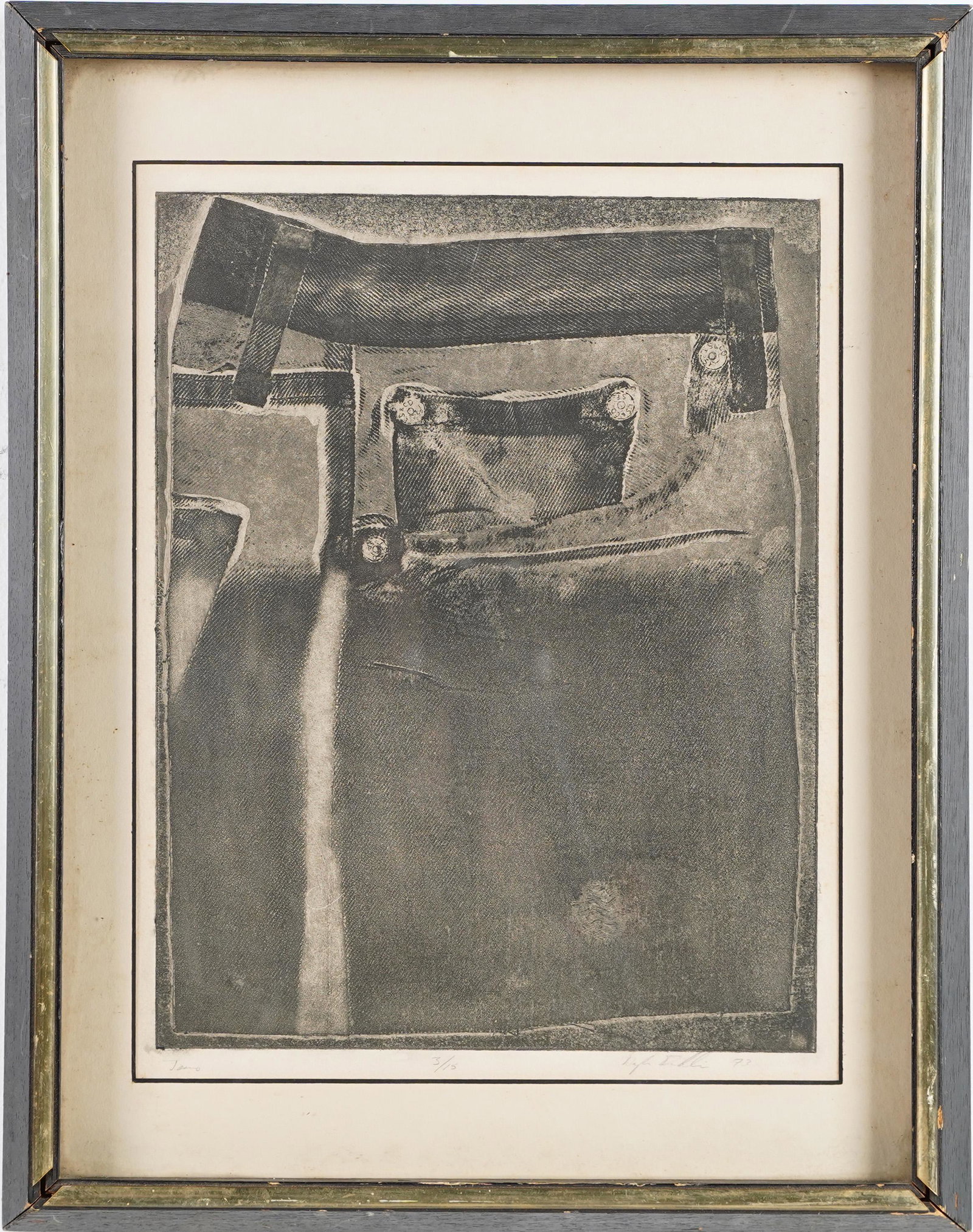 Unusual Vintage Black and White Pop Art Levi's Jeans Fine Art Print: A very interesting modern Pop Art print. Depicting an abstracted view of Levi Strauss jeans. Signed and dated 1973. This is a fine art print not a lithograph. Mat size 16 x 12 inches. Overall 17 x 13 