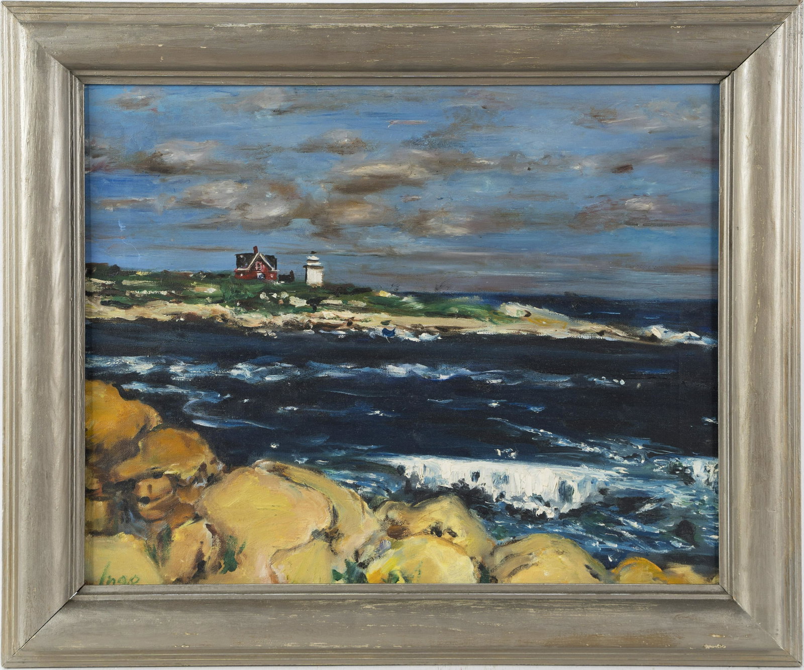Antique Maine Coastal Lighthouse Impressionist Seascape Oil Painting: Oil on canvas. Signed. Framed. Image size, 16H x 20L