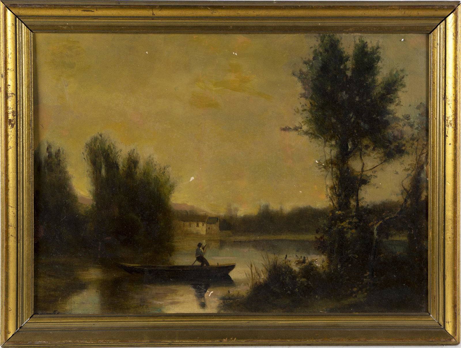 Antique Barbizon Sunset Impressionist Boat Figure Oil Painting: Oil on canvas. Unsigned. Framed. Image size, 13H x 18L