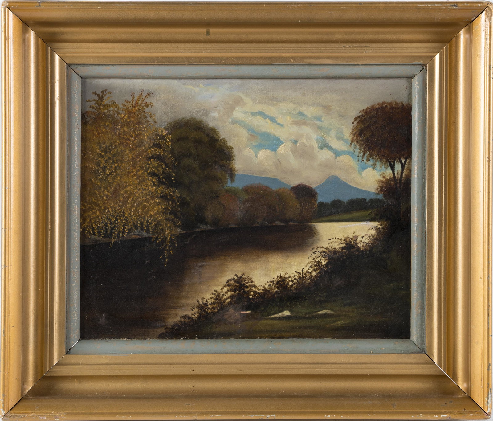 Antique Hudson River School Folk Art Summer Landscape Oil Painting: Oil on canvas. Unsigned. Framed. Image size, 11H x 14L