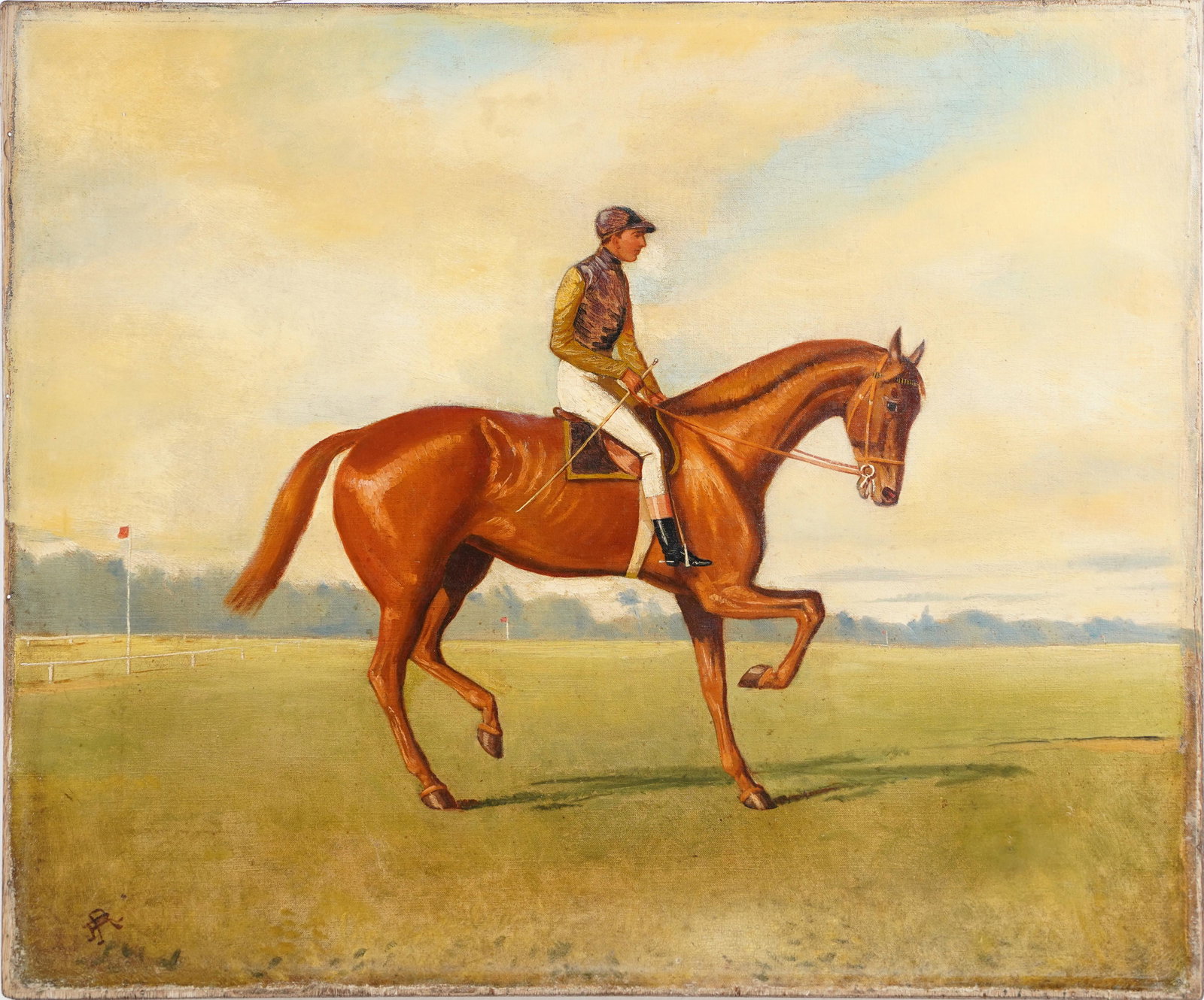 Antique American School Horse Race Landscape Monogrammed Fine Quality Painting: Oil on canvas. Signed. Unframed. Image size, 20.25H x 24.25L