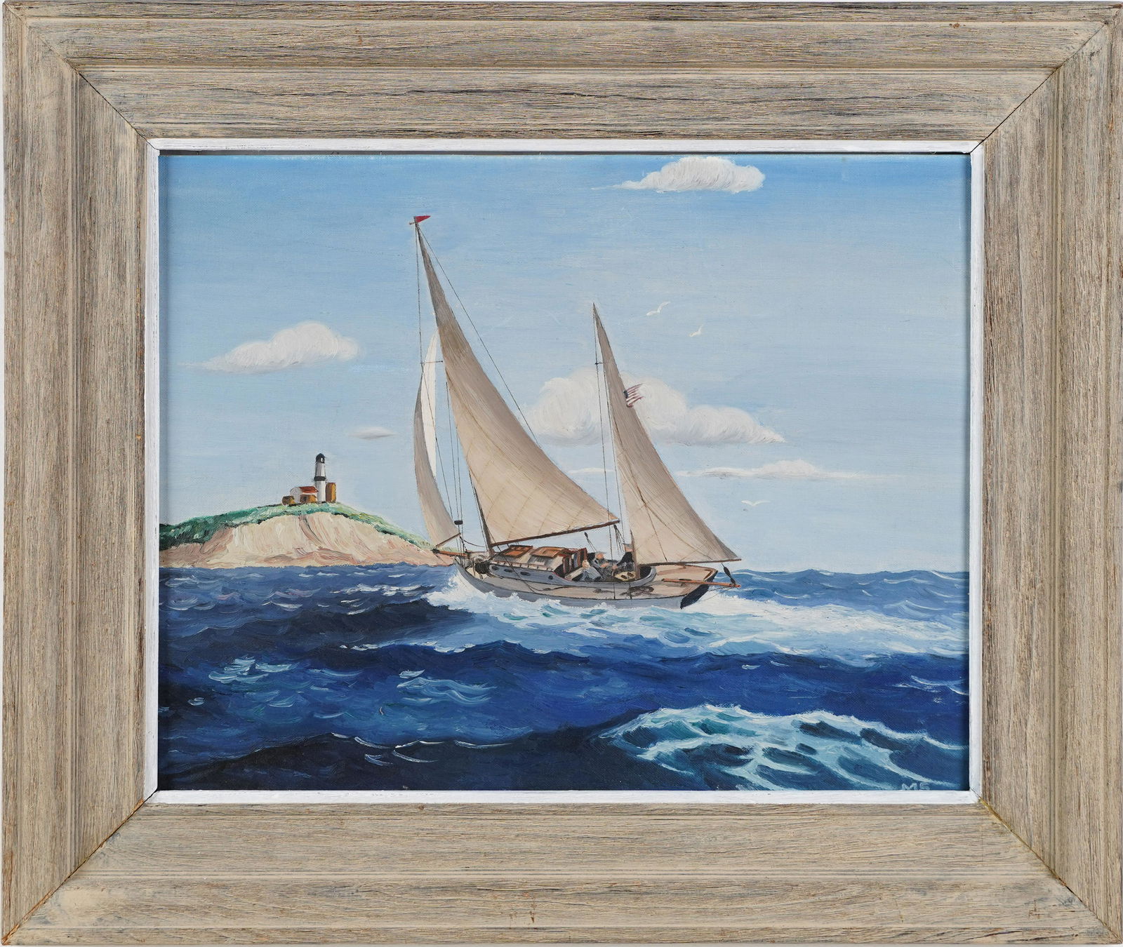 Monogrammed American School Nautical Light House Sail Boat Oil Painting (1 of 6)