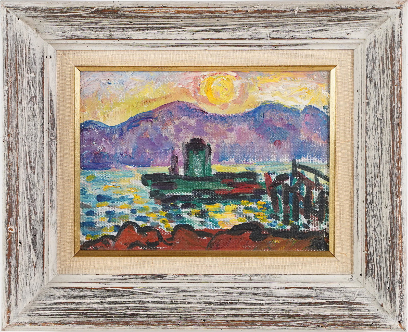 American School Modernist Sunset River Seascape Signed Framed Oil Painting: Oil on board. Signed. Framed. Image size, 8H x 11L