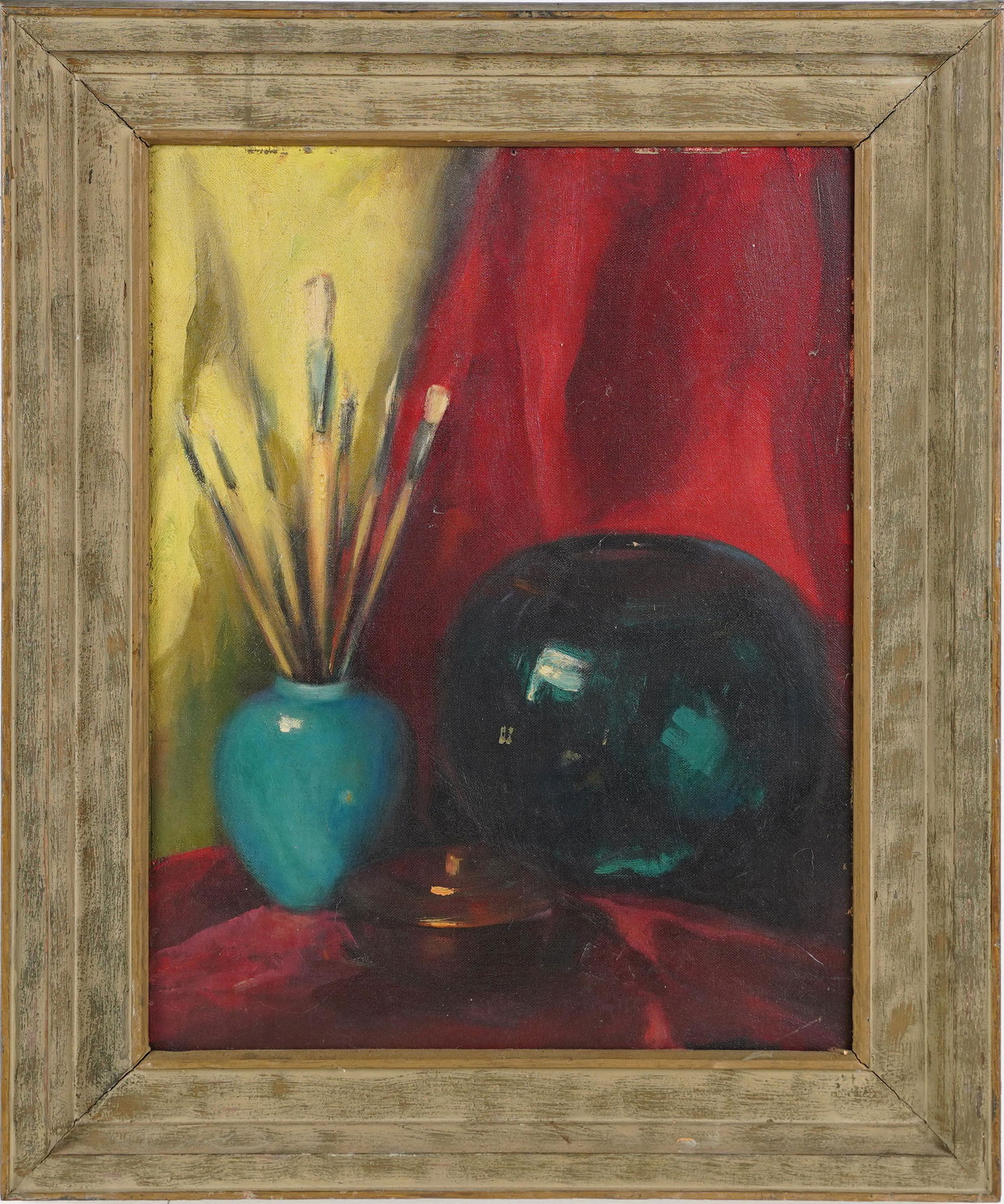 Antique American School Artist Studio Paint Brush Still Life Oil Painting (1 of 5)