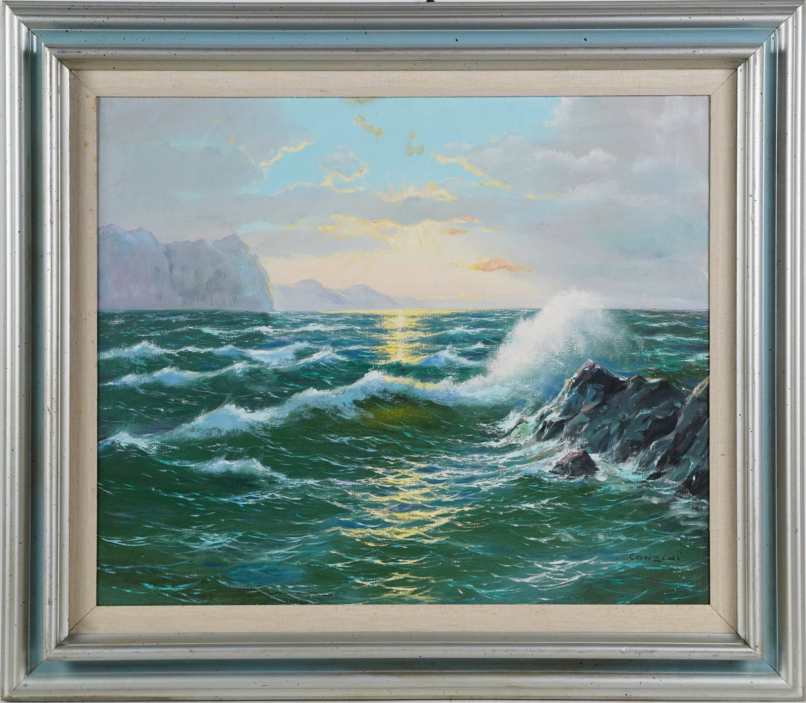 Picturesque Italian Island of Capri Seascape: Stunning American school impressionist painting depicting the Italian Island of Capri Signed lower right. Titled verso. Oil on canvas. 20 x 24 inches. Overall 27 x 30 1/2 inches.