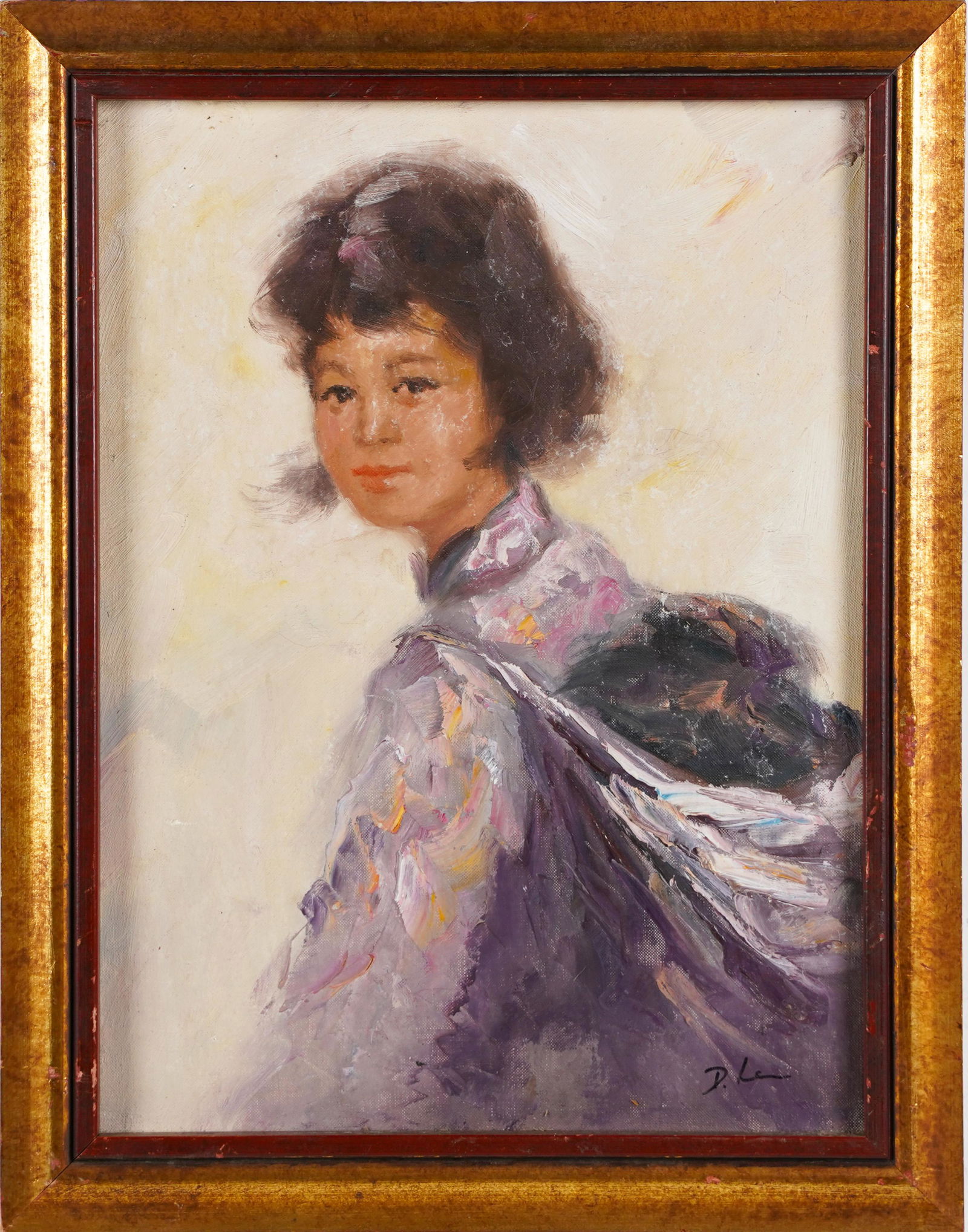 In manner of Robert Henri. Brilliant mystery painting! Oil portrait of Beautiful Girl in Purple (1 of 6)