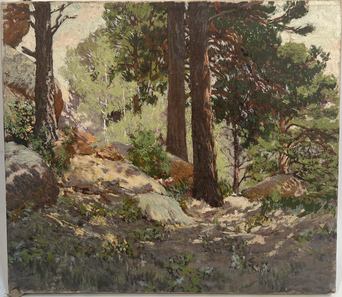 Major American Impressionist Dappled Sunlit Forest Antique Oil Painting: Oil on canvas. Image size,14 by 16. Unsigned. Unframed.