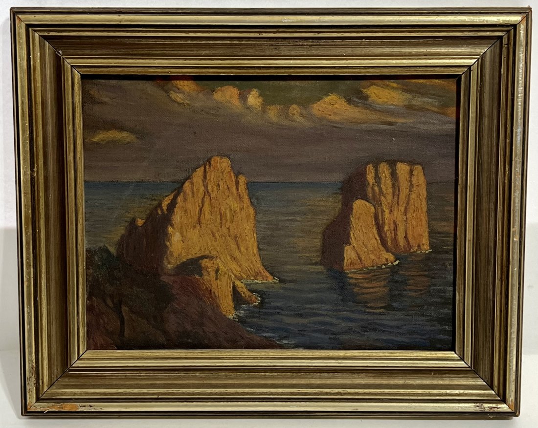 Antique Italian Impressionist View of Capri Mediterranean Ocean Oil Painting: Oil on canvasboard. Image size, 9 by 12. Unsigned. Framed