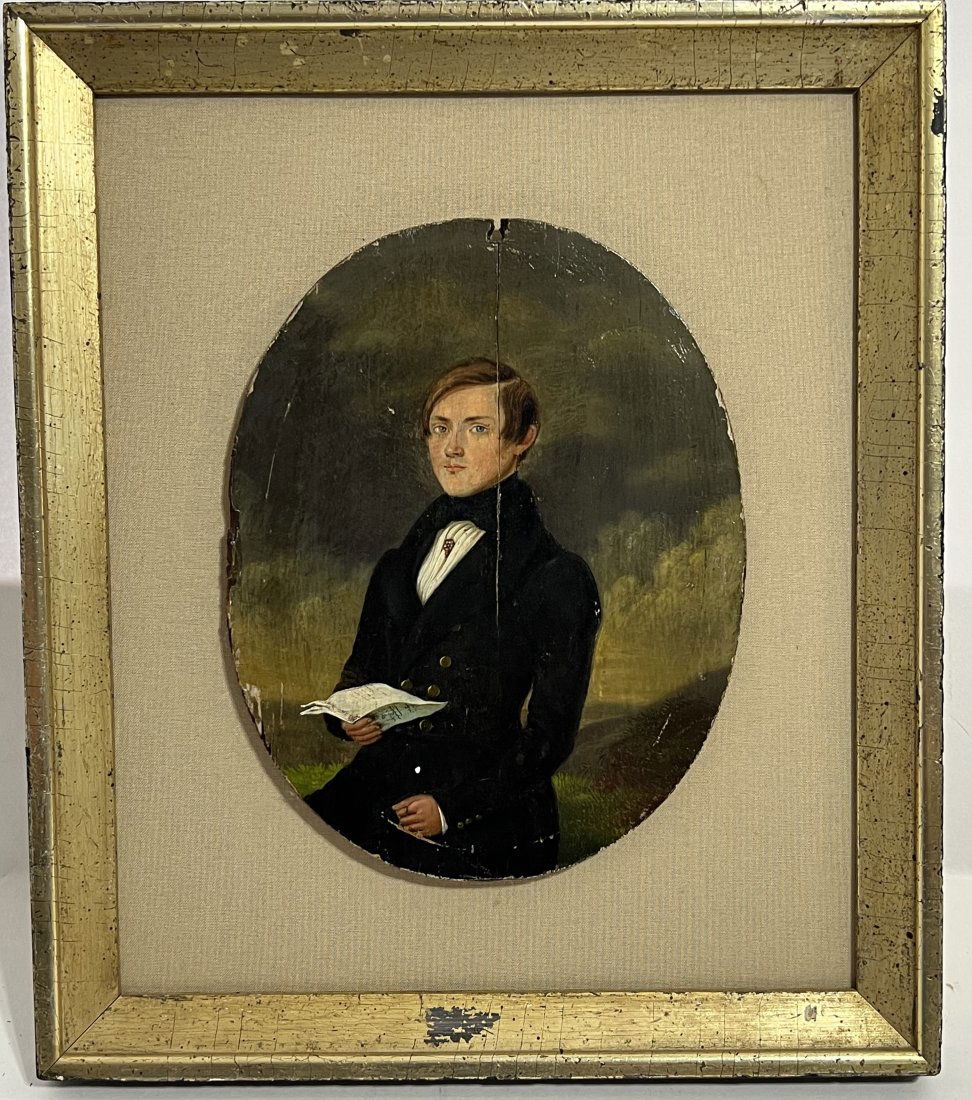 Antique American School Folk Art Portrait Young Handsome Man Oil Painting (1 of 5)