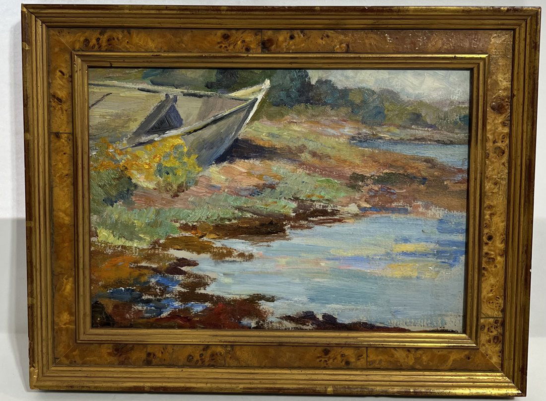 Antique American Impressionist Gloucester School Lake Dock Boat Oil Painting (1 of 7)