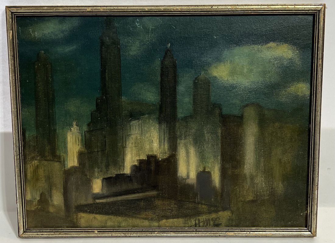 Nocturnal New York City Street Scene Signed Monogrammed Ashcan Oil Painting (1 of 7)