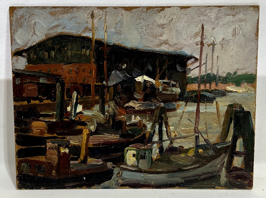 Signed Impressionist Boat Harbor Dock View Antique Oil Painting: Antique oil painting. Oil on board. Signed.