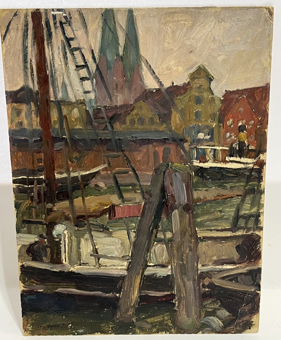 Signed Impressionist Boat Harbor Dock View Antique Oil Painting: Antique oil painting. Oil on board. Signed.