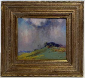 American Impressionist Signed Atmospheric Cloud Landscape Painting Newcomb Frame