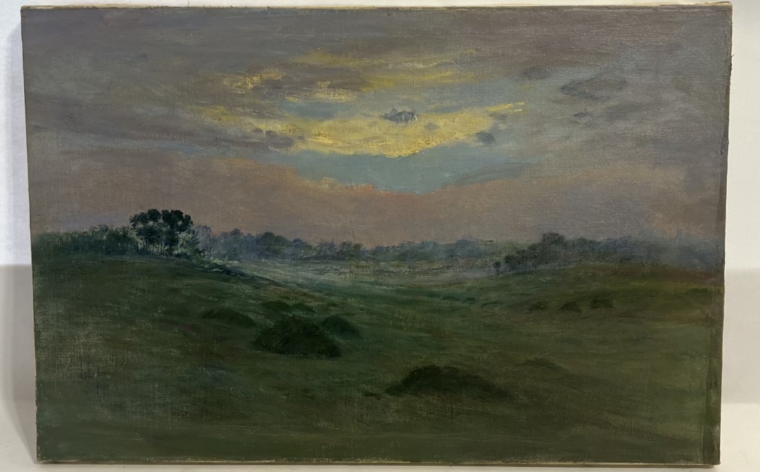 Antique American Impressionist Sunset Valley Impressionist Oil Painting: Antique American impressionist sunset oil painting. Oil on canvas. Image size, 14 by 21