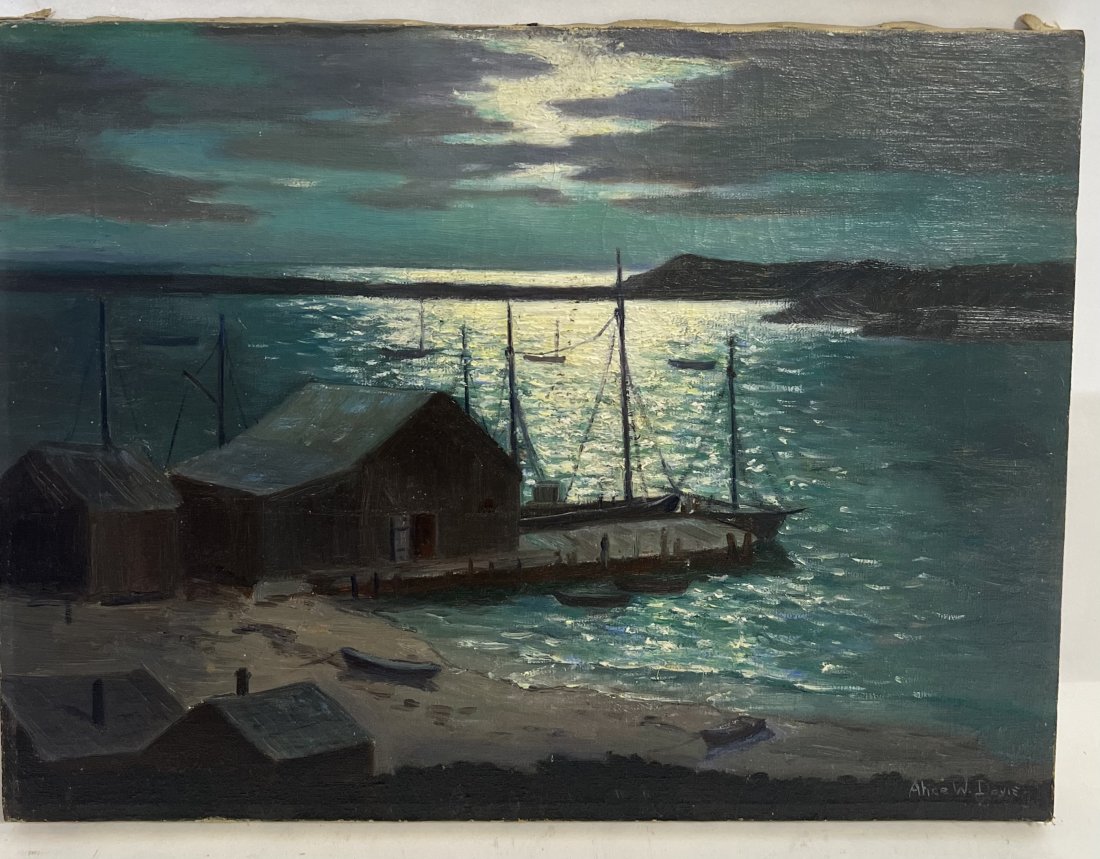 Amazing Signed Female Impressionist Moonlit Fishing Harbor Signed Oil Painting (1 of 6)