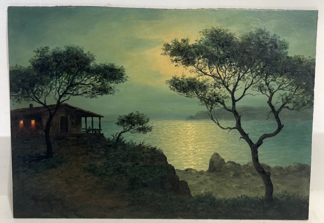 Signed Moonlit California Seascape Antique Finely Painted Rare Oil Painting: Antique American impressionist oil painting. Oil on board. Signed. Image size, 13.5 by 19.5.