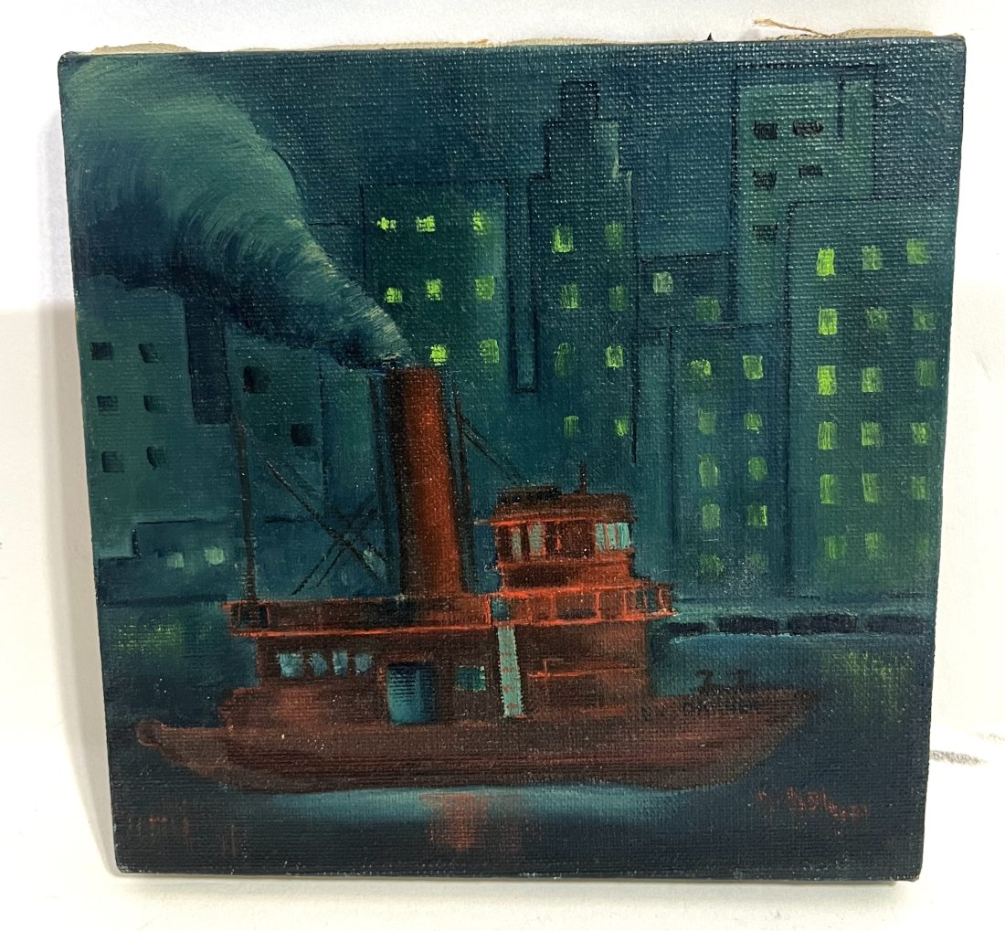 Antique Ashcan School Tugboat in New York Harbor Nocturnal Signed Oil Painting: Antique American school oil painting. Oil on canvas. Signed. Image size, 8 by 8.