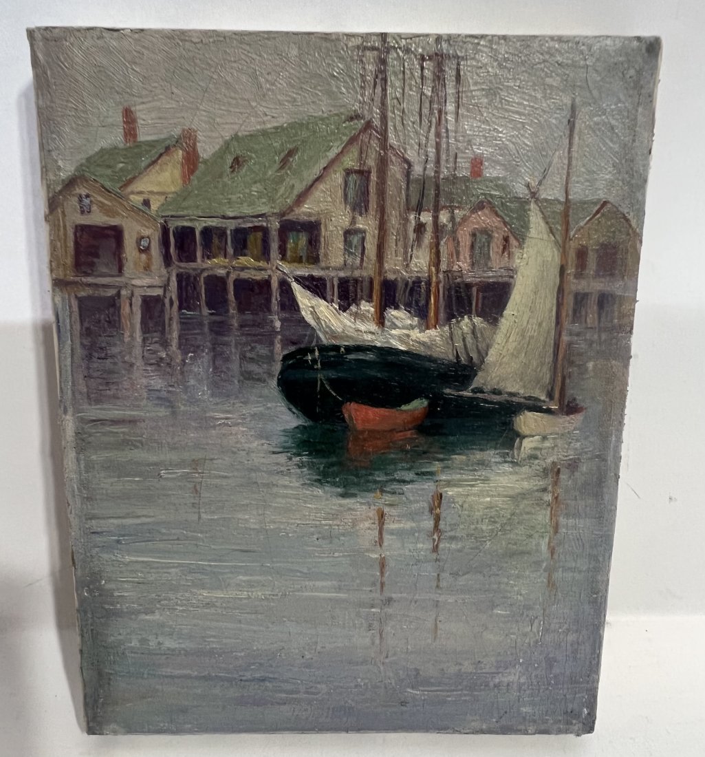 Antique American Female Impressionist Fishing Harbor Nautical Original Oil Painting: Antique American impressionist oil painting. Oil on canvas. Image size, 7 by 9.