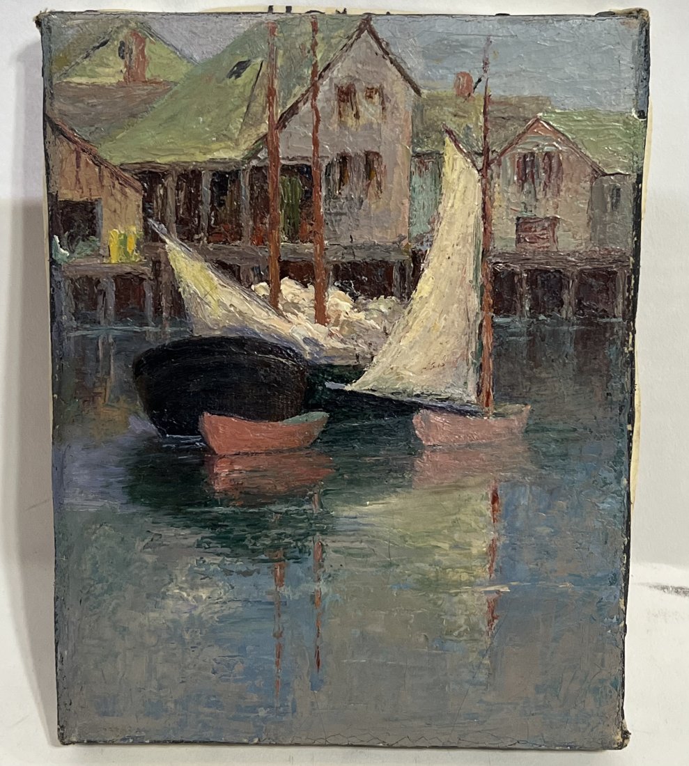 Antique American Impressionist Nantucket Dock Sailboat Harbor Oil Painting: Antique American impressionist oil painting. Oil on canvas. Image size, 6.5 by 8.25 inches.