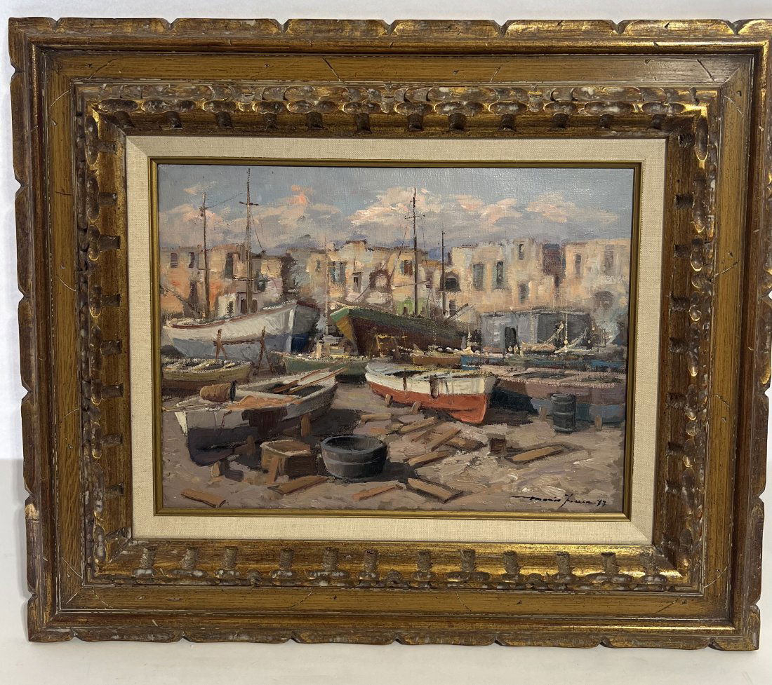 Antique Italian Impressionist Signed Boat Harbor Original Framed Oil Painting (1 of 6)