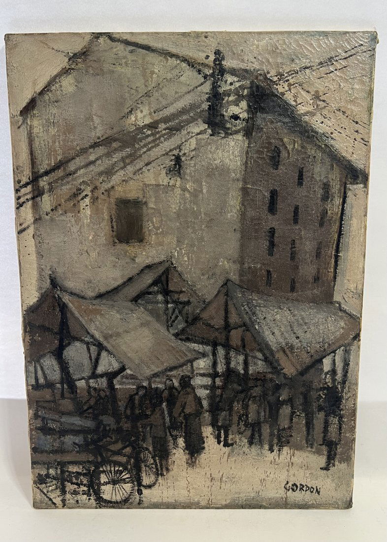 Antique American School Signed Cityscape Market Scene Early Oil Painting (1 of 7)